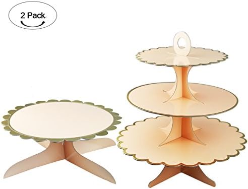 Cardboard Cupcake Stand, Aucheer 3 tier cupcake stand cardboard and cake stand - 2 Pack Pink with Golden edge