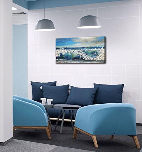 Canvas Wall Art Blue Abstract Seascape Painting Large Size Ocean Waves Single Picture Print, Blue Sky And White Clouds Modern Scenery Sailing Boat In The Ocean Art Frame Living Room Bedroom Home