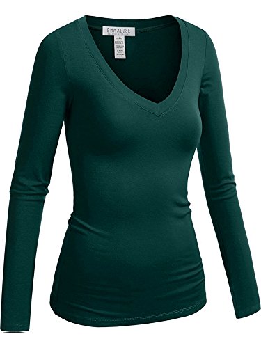 Emmalise Women's Casual Basic V-Neck Tshirt Long Sleeves Tee Top - Junior and Plus Sizes