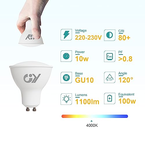 GY 12 x GU10 LED Bulbs, 10 Watt (100 Watt Equivalent), 1100 Lumens, 4000K Neutral White, Can be used for Integrated Wide Flood Lighting, CE Listed, Non-Dimmable