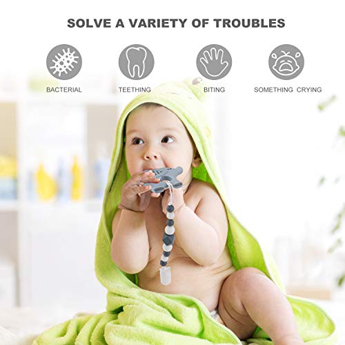 Slotic Baby Teething Toys, Elephant Teether Pain Relief Toy with Pacifier Clip Holder Set for Newborn Babies, Freezer Safe Neutral Shower Gift, Soft & Textured Stocking Stuffers for Boy and Girl Grey