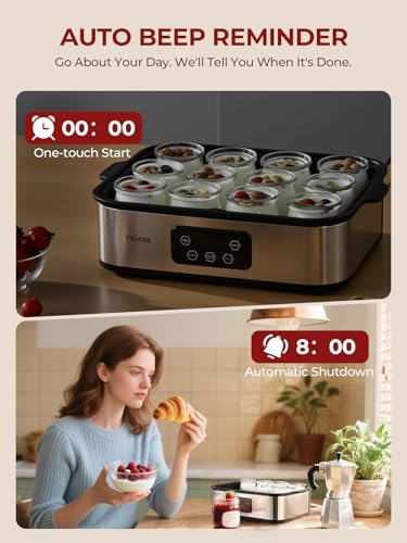FOHERE Yoghurt Maker 25 W with 12 Glass Containers of 180 ml for up to 2.16 L Homemade Yogurt, Greek Yoghurt Machine with Temperature and Timer, LCD Display, Automatic Shut-Off, BPA-Free