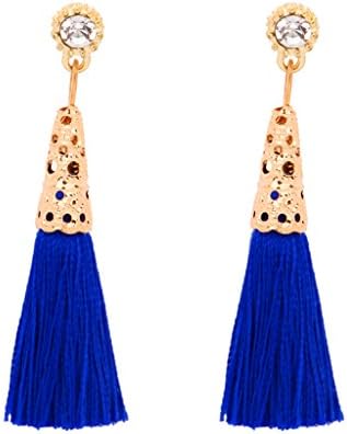 Edress Jewellery Long Gold And BLue Earrings Classic Rhinestone Fashion Hidden Easy Hook Bohemia Big Tassel Drop Dangle Ethnic Element Beatiful Summer Jewellery Charm For Women(3Blue)