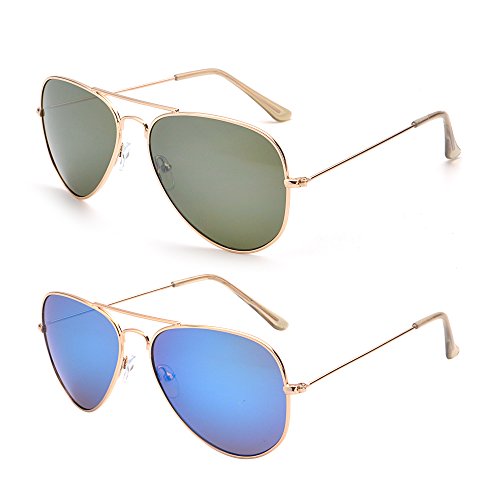 JM Retro Mirror Aviator Sunglasses Flash Tinted Lens Eyeglasses for Women Men UV400 2 Pack (Green & Blue) - Thumbnail 7