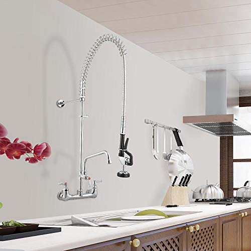 WeChef Double Brass Handle Backsplash 12 inch Commercial Kitchen Pre-Rinse Faucet Chromed with Add-On Pull Down Head - Thumbnail 6