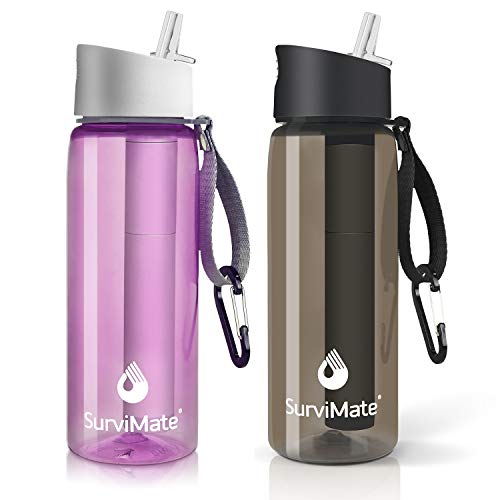 SurviMate Purified Water Bottle for Camping, Hiking, Backpacking and Travel, BPA Free with 4
