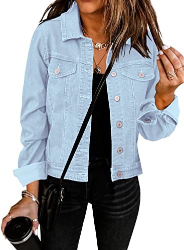 Hfyihgf Women's Frayed Denim Jacket Casual Long Sleeve Button Up Boyfriend Jean Coat Basic Trucker Jackets Z1 Purple L