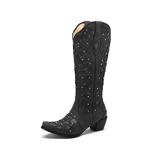 SaraIris Cowboy Boots for Women Cowgirl Western Chunky Heel Pointed Toe Pull On Rhinestones Embroidered Knee High Mid Calf Boots