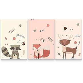 3 Panel Cute Wildlife Raccoon Fox Illustrated x 3 Panels