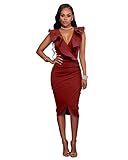 VERTTEE V Neck Ruffle Plain Bodycon Sleeveless Midi Tight Wrap Women's Party Dress Red