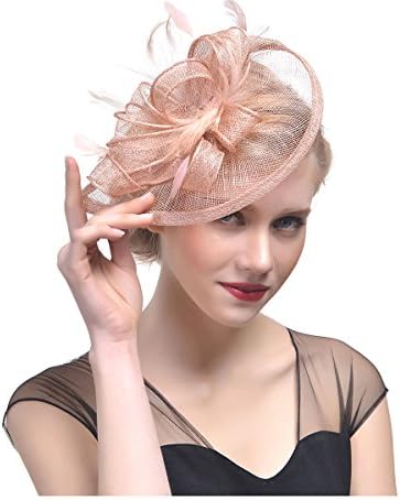 Hat Fascinator with Mesh Ribbon and Black Bow Feather Cocktail Party Hair Clip (Champagne)