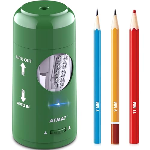 AFMAT Electric Pencil Sharpener, Rechargeable Automatic Pencil Sharpener for Jumbo & Colored Pencils (7-11.5mm), Auto in/Out, Hands-Free, Large Shaving Box, Portable for Kids/Home/Classroom/School
