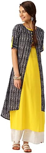 Jaipur Kurti Women Solid Straight Kurta with Printed Jacket Dress (Yellow & Black)