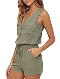 YOMISOY Women Summer Solid Sleeveless Zipper Romper Army Green V Neck Short Rompers Jumpsuits