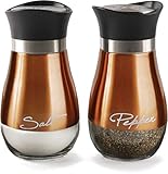 Circleware Cafe Contempo Elegant Glass Salt and Pepper Shakers Dispenser, Clear Bottom Jar Bottle Container with Stainless Steel Top, Perfect for Himalayan Seasoning Herbs Spices, 4.4 oz, Copper