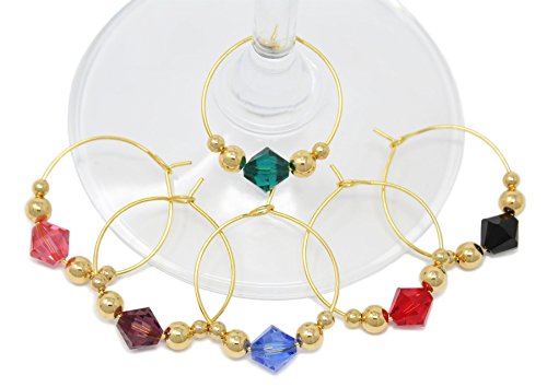 BRILLIANCE Swarovski Crystal Wine Charms (Set of 6) by Claim Your Glass - Premium Drink markers for stemmed Wine, Champagne, Martini Glasses - Includes Storage Case + BONUS Velveteen Bag (GOLD)