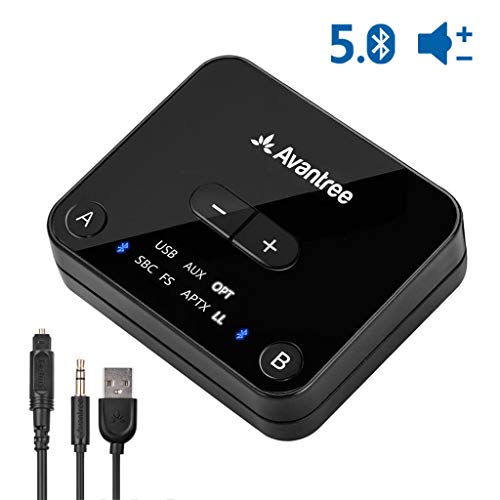 [ 2020 ] Avantree Bluetooth 5.0 Transmitter for TV PC with Volume Control, aptX Low Latency Wireless Audio Adapter for 2 Headphones (Optical Digital, Aux, RCA, PC USB) 100ft Long Range – Audikast Plus