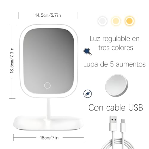 GUZHUANG Espejopara Maquillaje，con Lupa 5X ，Luces Tricolor Maquillaje con Luces，Interruptor Táctil，Portátil Espejos con Luz，Rotación de 360 Grados，con Bandeja Espejo con Aumento Y Luz (Blanco)