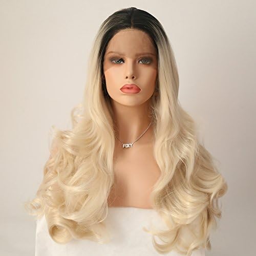 Lanting Ombre Blonde 2 Tones Synthetic Lace Front Wig Dark Roots Long Beauty Wave Silver Grey Hair Wigs For Women Heat Resistant Fiber Hair Half Hand Tied (18inch lace front wig, black/blonde)
