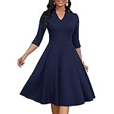 MarryUP Church Dress for Women V Neck 3/4 Sleeve Midi Causal Cocktail Party A-Line Dresses with Pockets