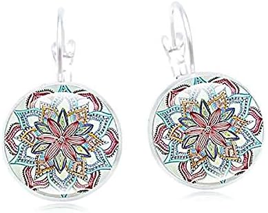 Mandala Flower Glass Cabochon Earrings Vintage Earrings Datura Women's Jewelry Metal Color Silver/Antique Bronze,Silver