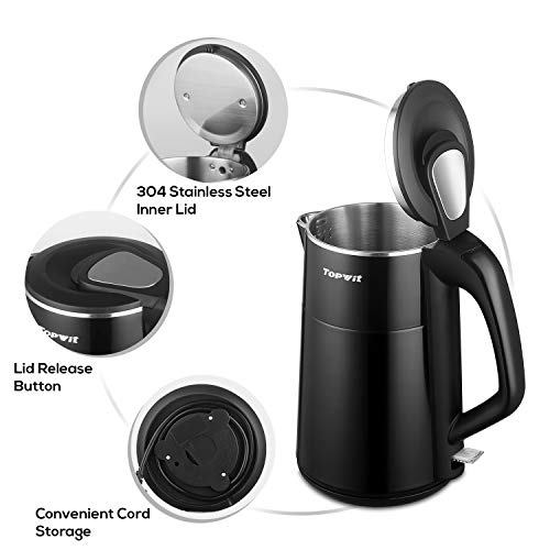 Topwit Electric Kettle, Double Wall 304 Stainless Steel Integrated Seamless Interior, 1.7L Cordless Hot Water Heater Boiler, Coffee Kettle & Tea Pot with Auto Shut Off and Boil Dry Protection