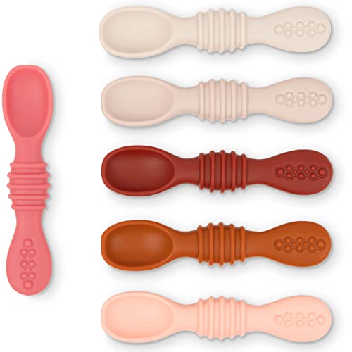 Simka Rose Silicone Baby Spoons First Stage Set - 4.5 Inch Self Feeding Spoons for Babies and Toddlers - Food Safe BPA Free Silicone - Dishwasher and Microwave Safe - Set of 6