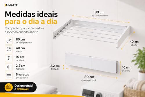 Varal Retrátil De Parede Magico Secreto Recolhível Resistente Em Alumínio Reforçado Para Lavanderia Apartamento e Economiza Espaço Invisivel Dobrável 80cm Com 5 Varetas X-MATTE (BRANCO)