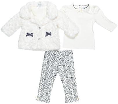 Mini Muffin Baby Girls 3-Piece Faux Fur Jacket Pant Shirt Set, Demask Ivory 0-3 Months