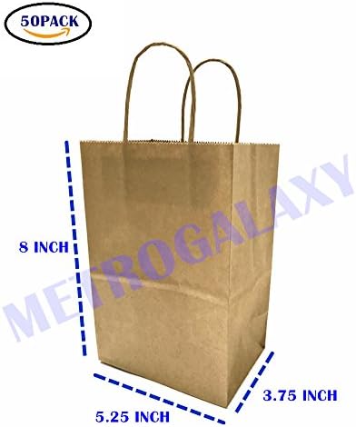 Metrogalaxy 5.25"X3.25"X8" Small Kraft Paper Bags, Party Bags, Shopping Bags with Handles, Color: Brown Bags, 50PC