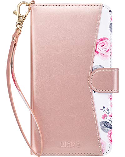 ULAK Wallet Case for Apple iPhone XR (2018), PU Leather Card Holder Case 3 Card Slots 1 Cash Slot, Wrist Strap Folio, Multi-View Stand, Heavy Duty Protection Magnet Closure (Rose Gold Floral Pink)