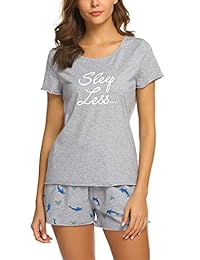 Ekouaer - Pijama corto para mujer, estampado de dibujos animados, camiseta y volantes, tallas S-XXL