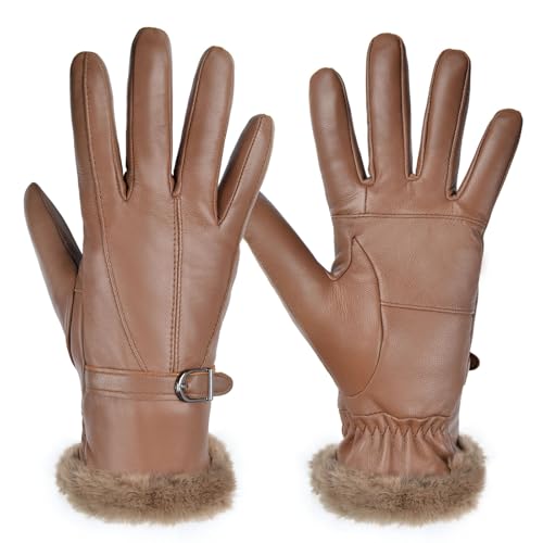 Harssidanzar Damen Lederhandschuhe Winter Thermo Handschuhe Kleid Lederhandschuhe Sl022Eu,Cognac, Größe S