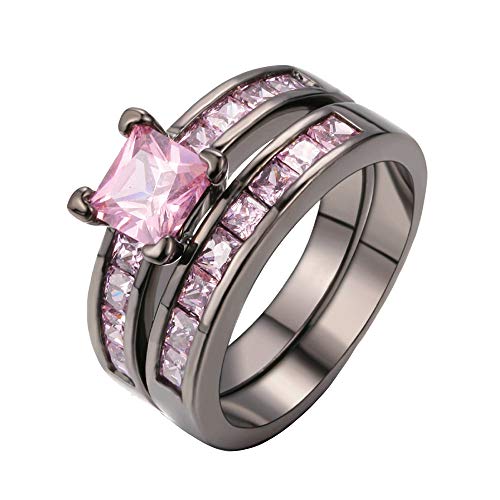 Haluoo 2-in-1 Womens Vintage Pink Diamond Black Engagement Wedding Band Ring Set Cubic Zirconia Simulated Diamond Anniversary Promise Rings Bridal Sets (7, Pink)