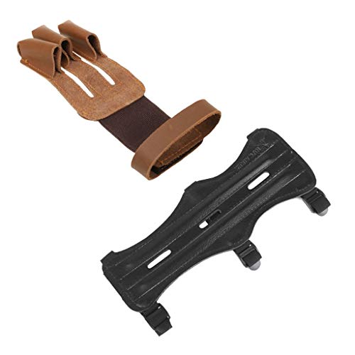 Qfauto PU Leather Archery 3 Straps Arm Guard + 3 Fingers Glove for Hunting Shooting,Durable and Lightweight - Thumbnail 2