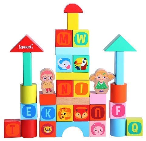iwood Wooden Building Blocks Set, Classic Premium Wood Travel Size (34-Pieces)