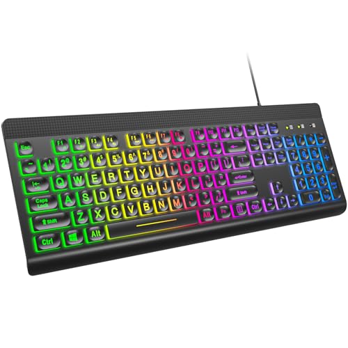 MOWUX Großdruck-Tastatur mit Hintergrundbeleuchtung, mehrfarbige Regenbogen-LED-Hintergrundbeleuchtung, große USB-Tastatur, Multimedia-Tastatur in vol