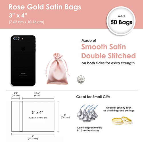 Knitial 3" x 4" Rose Gold Satin Gift Bags, Jewelry Bags, Wedding Favor Drawstring Bags Baby Shower Christmas Gift Bags 50 per Pack