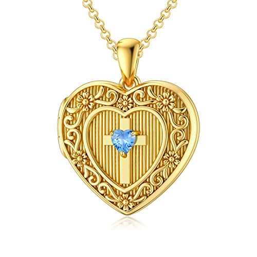 SOULMEET Plated Gold Cross Birthstone December Simulated Blue Zircon Locket Necklace That Holds Picture Photo Locket Gift Choice (Locket only)