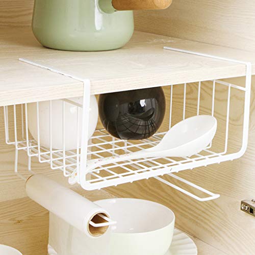 Quaanti Under Cabinet Storage Shelf Wire Basket Storage Bin Organizer Fit Dual Hooks for Kitchen Pantry Cabinet,Large Storage Space on Kitchen Counter Pantry Desk Bookshelf Cupboard (White)
