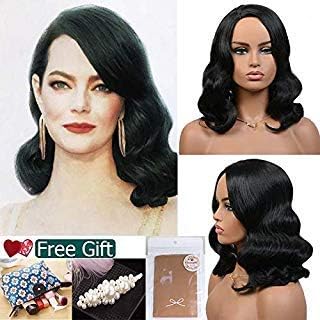 Moshina Charming Long Black Wavy Curly Wig with Side Part -Natural Looking As Human Hair-Heat Resistant Full Head Hair Replacement Wig for Women-Daily Wear or Costume Wig (Black 1b) + Free Wig Cap