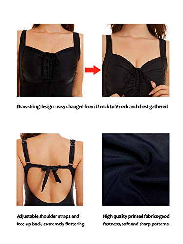 Peddney Women Ruched Padded One Piece Swimsuit Drawstring Tie Closure Bathing Suits Ruffle Swimwear Black