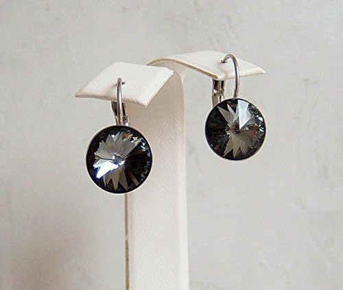 Dark Grey Round Rivoli Swarovski Elements Crystal Stainless Steel Leverback Earrings