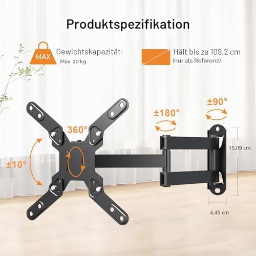 TV-Wandhalterung, schwenkbare TV-Halterung mit Gelenkarm, Neigungsverlängerung, drehbar, für die meisten 13-42 Zoll LED, LCD-Monitor und Plasma-Fernseher bis zu 20 kg, max. VESA 200x200 MA1343
