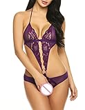 Avidlove Women Lingerie Halter Teddy Sleepwear One Piece Lace Babydoll Mini Bodysuit Purple Medium