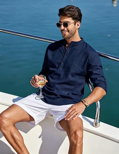 Cegerne Men's Linen Shirt Long Sleeve Shirt Summer Lightweight Breathable Henley Casual for Vacation Beach