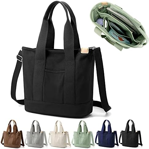 YILCER Multi-Pocket Tote Bag with Zipper, Canvas Japanese Handmade Handbag with Compartments, Multifunction Crossbody Shouder Bag Changing Bag for Women Teen Girls School Work Travel