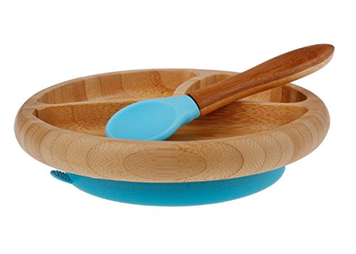 Maven-Gifts-Avanchy-Baby-Feeding-Gift-Set--Bamboo-Stay-Put-Suction-Bowl-with-Spoon-Blue-and-Bamboo-Stay-Put-Suction-3-Section-Plate-with-Spoon-Blue-Ages-6-Months-and-Up