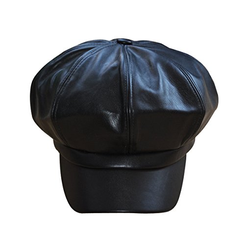 Goodbag Women Faux Leather Newsboy Hats Cap 8 Panel Cabbie Visor Beret Hat Ivy Caps, Black