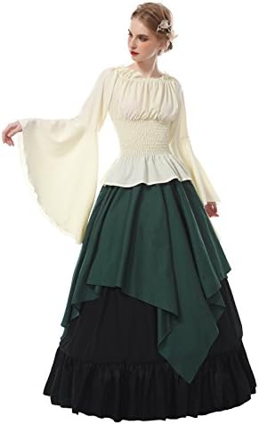 CR ROLECOSRenaissance Costume Women Medieval Peasant Dress Trumpet Sleeve Victorian Ren Faire Shirt and Skirt